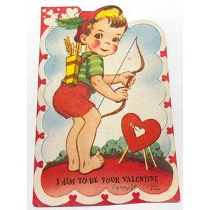 Vintage Valentines Day Greeting Card Archery Bow and Arrow 40s Cupid